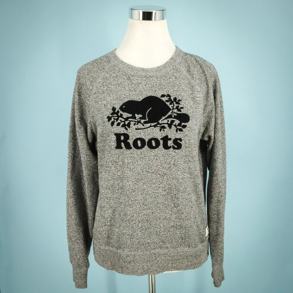 Roots Size Small S Heather Gray Flocked Velvet Graphic Logo Crew Neck Sweatshirt